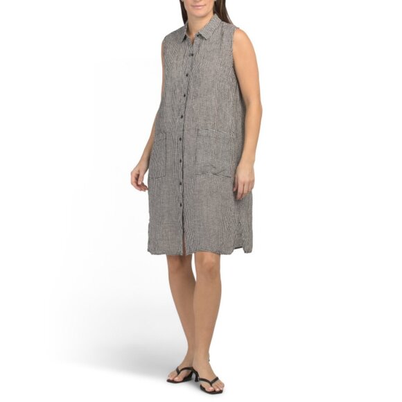 EILEEN FISHER Black/white Linen Gingham Puckered Sleeveless Mini Dress -  threedaughtersproperties.com
